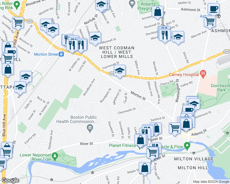 map of restaurants, bars, coffee shops, grocery stores, and more near 80 Verndale Street in Boston