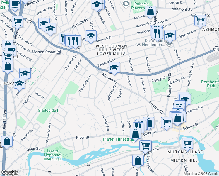 map of restaurants, bars, coffee shops, grocery stores, and more near 82 Verndale Street in Boston