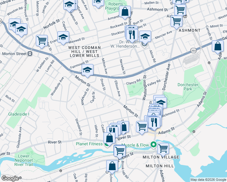 map of restaurants, bars, coffee shops, grocery stores, and more near 48 Oakridge Street in Boston