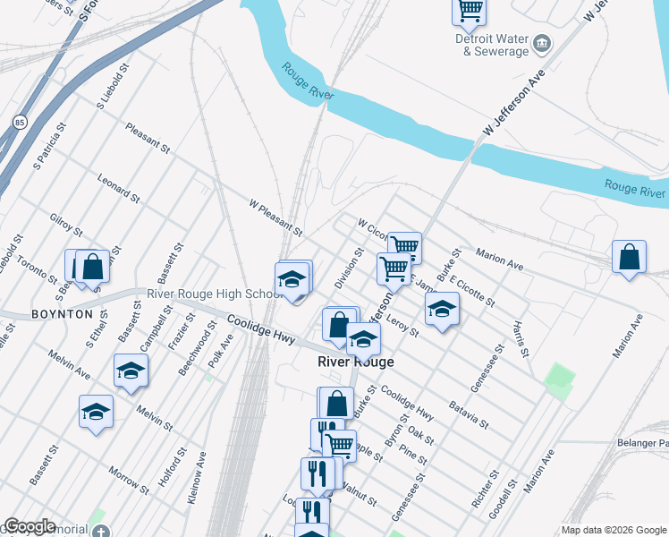 map of restaurants, bars, coffee shops, grocery stores, and more near 171 Charles Street in River Rouge