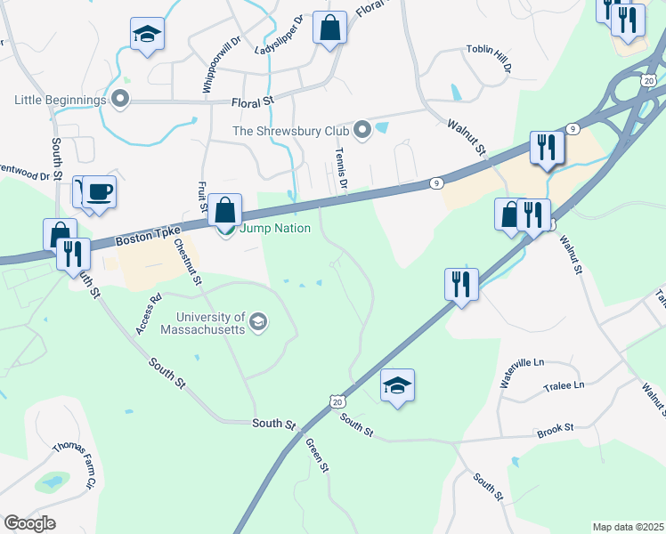 map of restaurants, bars, coffee shops, grocery stores, and more near 48 Commons Drive in Shrewsbury