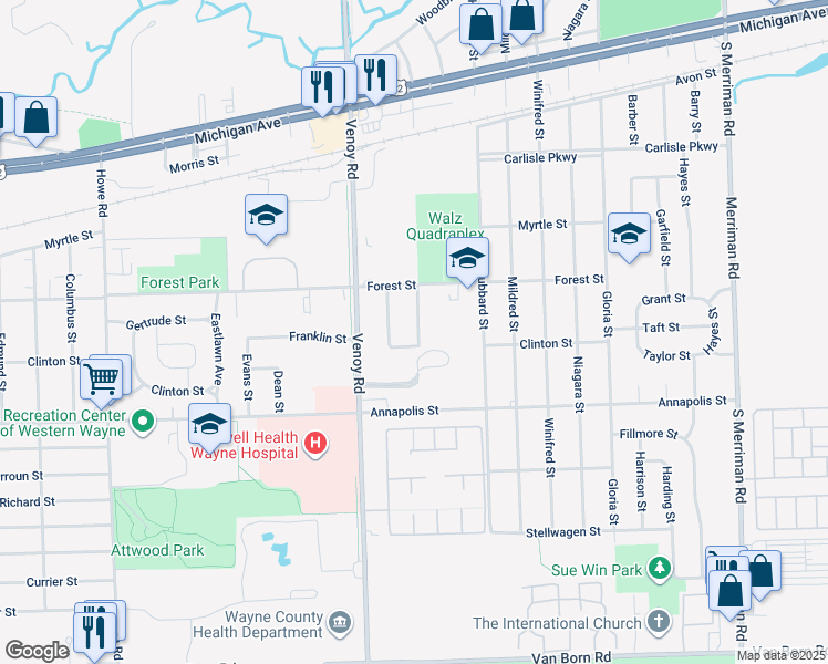 map of restaurants, bars, coffee shops, grocery stores, and more near 4226 Cadillac Avenue in Wayne