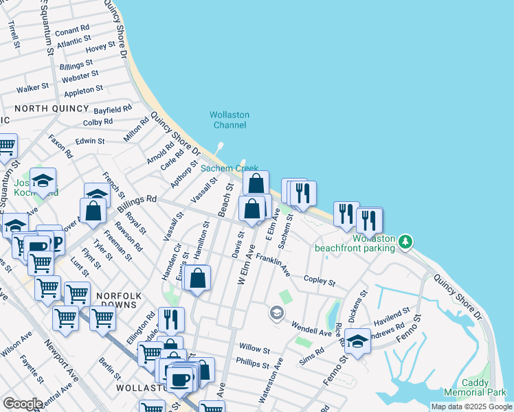 map of restaurants, bars, coffee shops, grocery stores, and more near 153 West Elm Avenue in Quincy