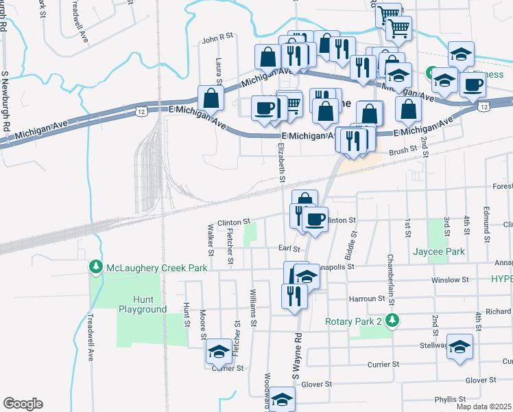 map of restaurants, bars, coffee shops, grocery stores, and more near 35719 Clinton Street in Wayne
