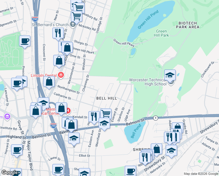 map of restaurants, bars, coffee shops, grocery stores, and more near 191 Eastern Avenue in Worcester