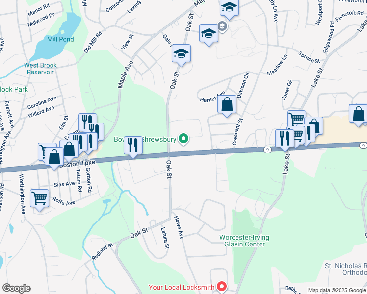 map of restaurants, bars, coffee shops, grocery stores, and more near 419 Boston Worcester Turnpike in Shrewsbury