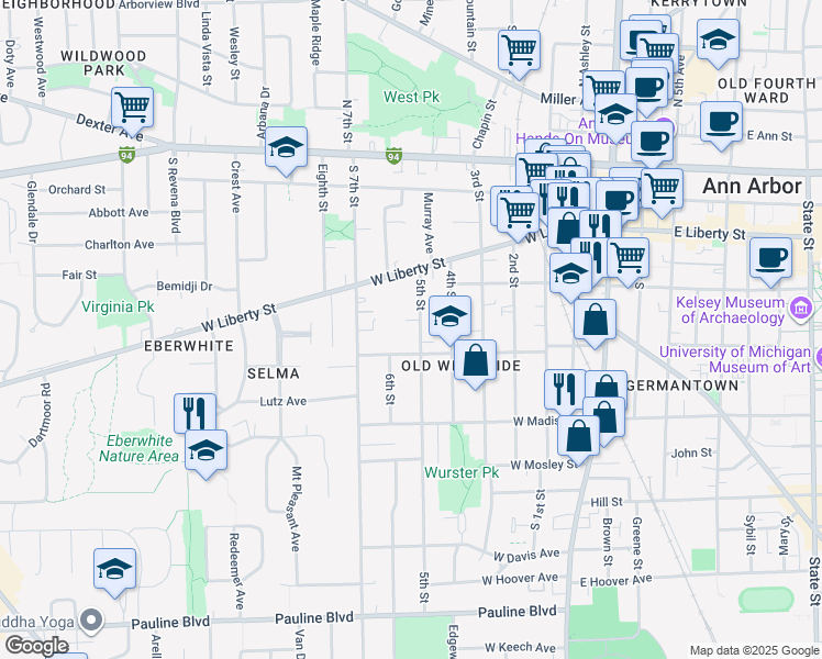 map of restaurants, bars, coffee shops, grocery stores, and more near 719 West Jefferson Street in Ann Arbor