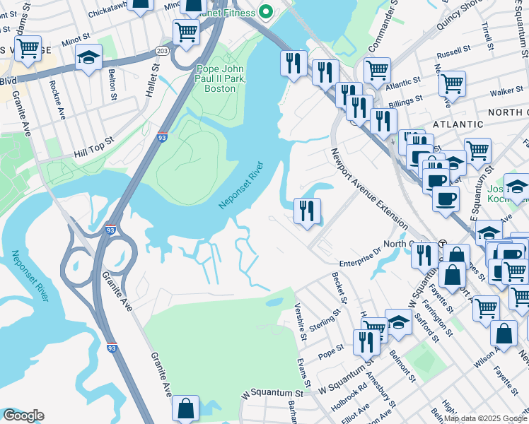 map of restaurants, bars, coffee shops, grocery stores, and more near 1 Enterprise Drive in Quincy