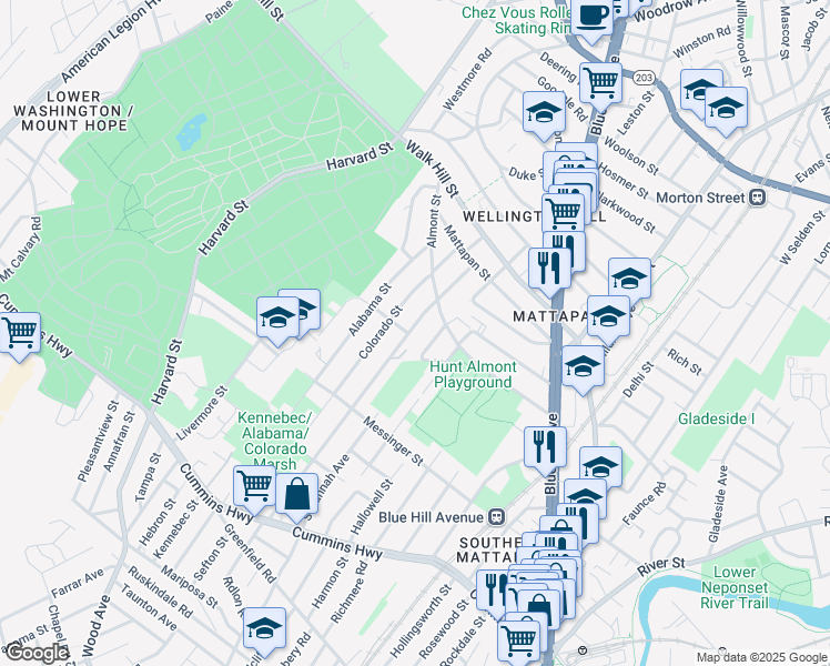 map of restaurants, bars, coffee shops, grocery stores, and more near 94 Itasca Street in Boston