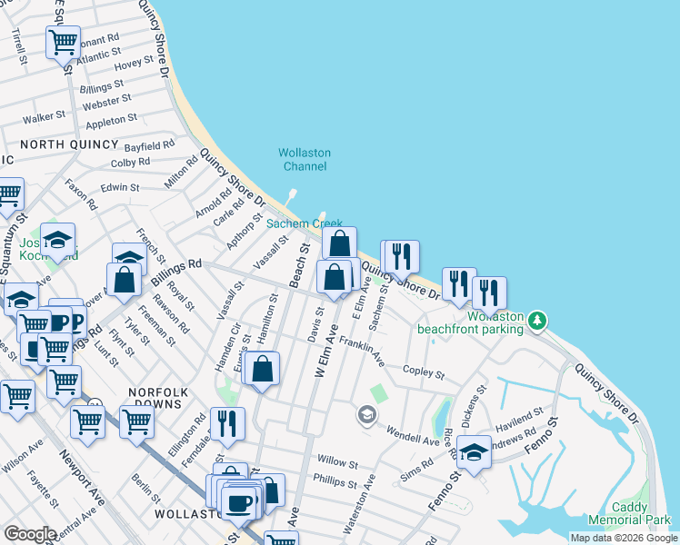 map of restaurants, bars, coffee shops, grocery stores, and more near 153 West Elm Avenue in Quincy