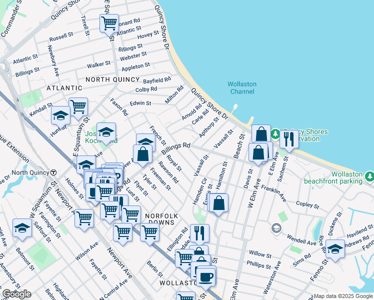 map of restaurants, bars, coffee shops, grocery stores, and more near 31 Calumet Street in Quincy