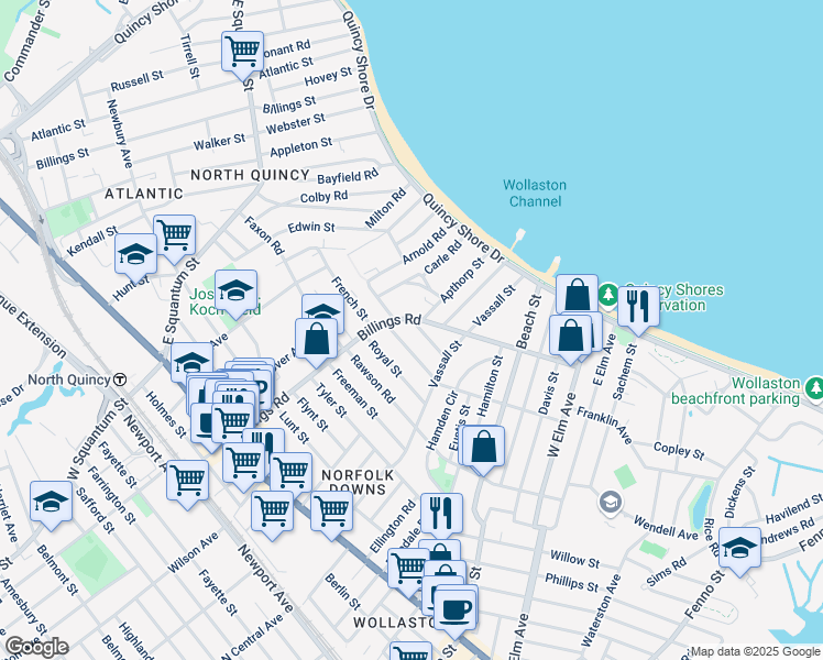 map of restaurants, bars, coffee shops, grocery stores, and more near 31 Calumet Street in Quincy
