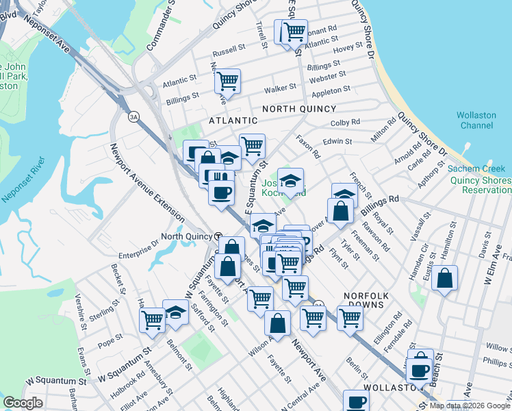 map of restaurants, bars, coffee shops, grocery stores, and more near 21 Hollis Avenue in Quincy