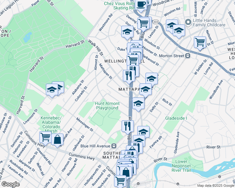 map of restaurants, bars, coffee shops, grocery stores, and more near 36 Tennis Road in Boston
