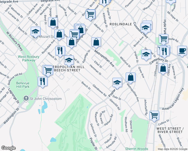 map of restaurants, bars, coffee shops, grocery stores, and more near 79 Glendower Road in Boston