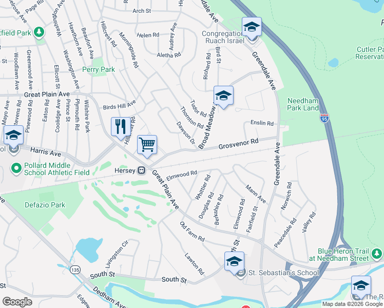 map of restaurants, bars, coffee shops, grocery stores, and more near 64 Elmwood Road in Needham