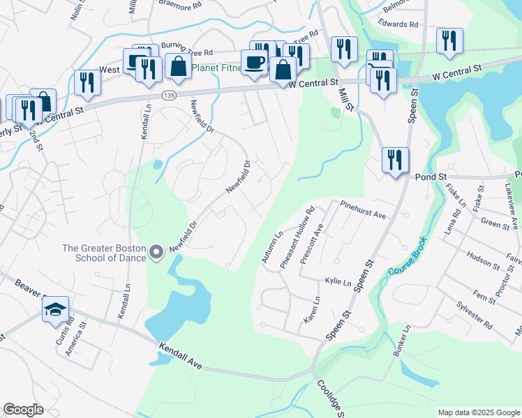 map of restaurants, bars, coffee shops, grocery stores, and more near 11 Post Oak Lane in Natick