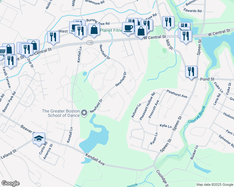 map of restaurants, bars, coffee shops, grocery stores, and more near 1 Walden Drive in Natick