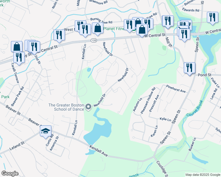 map of restaurants, bars, coffee shops, grocery stores, and more near 1 Walden Drive in Natick