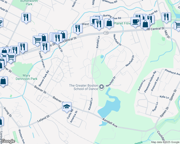 map of restaurants, bars, coffee shops, grocery stores, and more near 16 Village Hill Lane in Natick