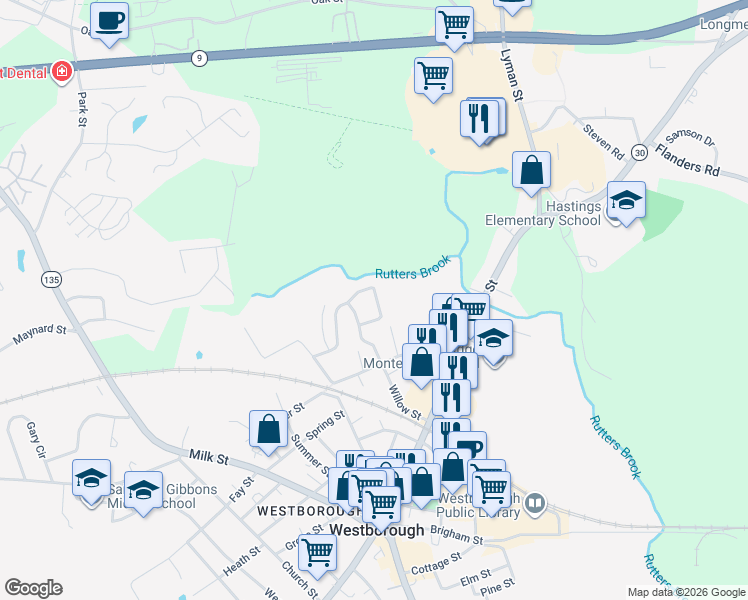 map of restaurants, bars, coffee shops, grocery stores, and more near 3 McDonald Place in Westborough