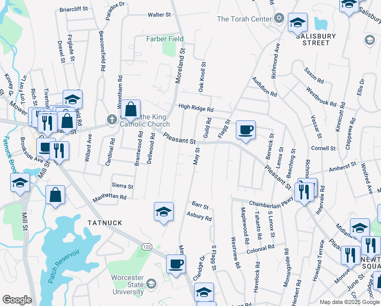 map of restaurants, bars, coffee shops, grocery stores, and more near 391 May Street in Worcester