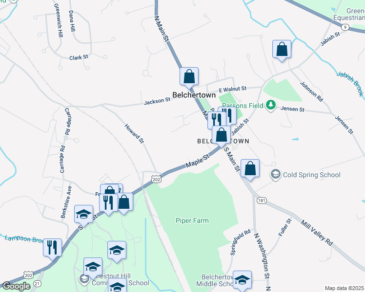 map of restaurants, bars, coffee shops, grocery stores, and more near 50 Maple Street in Belchertown