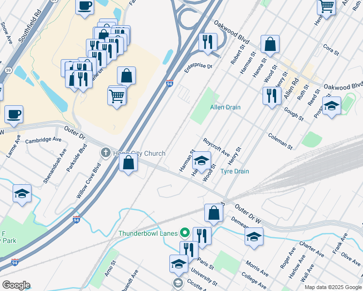 map of restaurants, bars, coffee shops, grocery stores, and more near 23935 West Outer Drive in Melvindale
