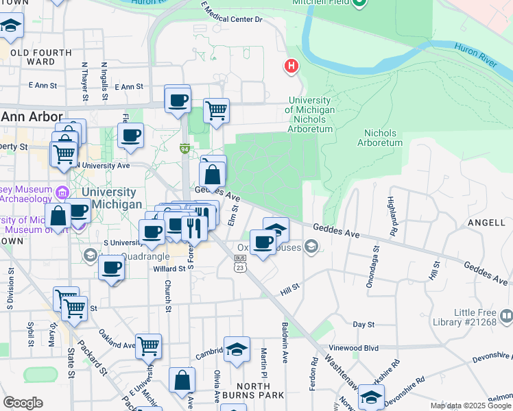 map of restaurants, bars, coffee shops, grocery stores, and more near 520 Linden Street in Ann Arbor