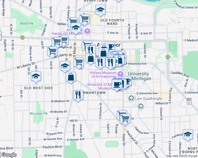 map of restaurants, bars, coffee shops, grocery stores, and more near 328 East Jefferson Street in Ann Arbor
