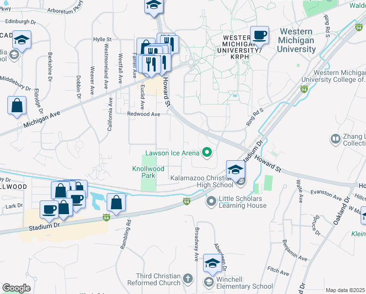 map of restaurants, bars, coffee shops, grocery stores, and more near 1439 Knollwood Avenue in Kalamazoo
