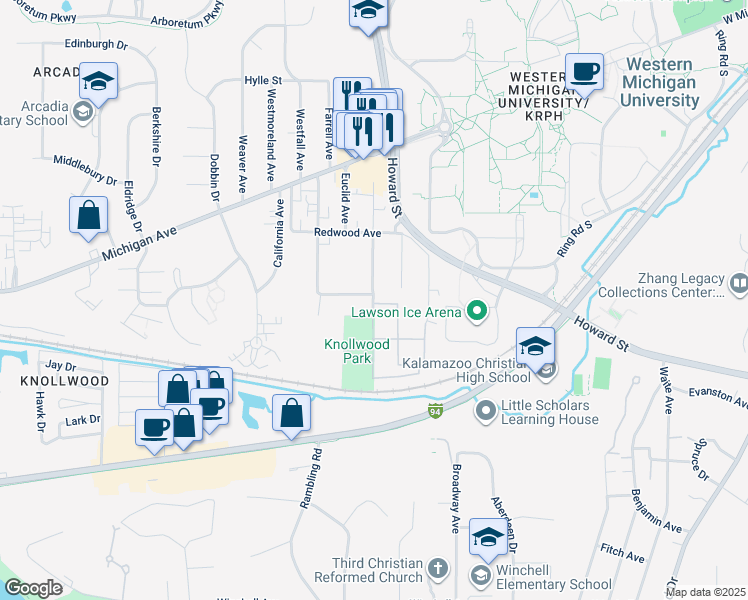 map of restaurants, bars, coffee shops, grocery stores, and more near 1514 Lafayette Avenue in Kalamazoo
