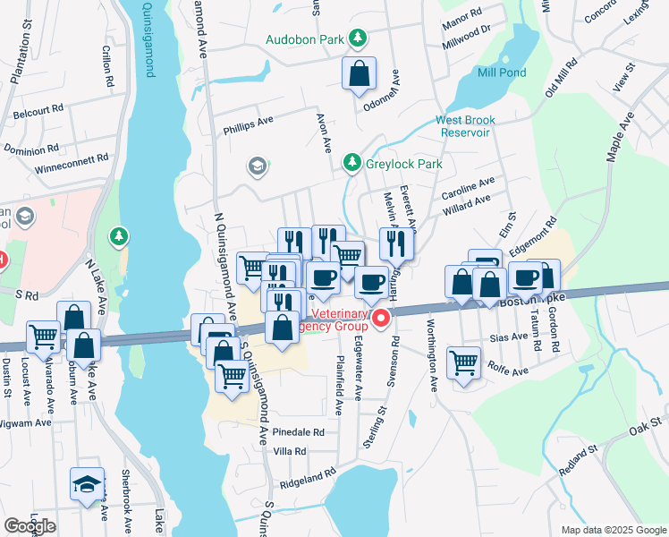 map of restaurants, bars, coffee shops, grocery stores, and more near 193 Boston Turnpike in Shrewsbury