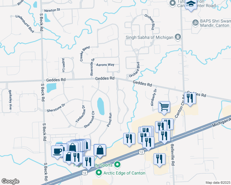 map of restaurants, bars, coffee shops, grocery stores, and more near 4426 Hunters Circle West in Canton