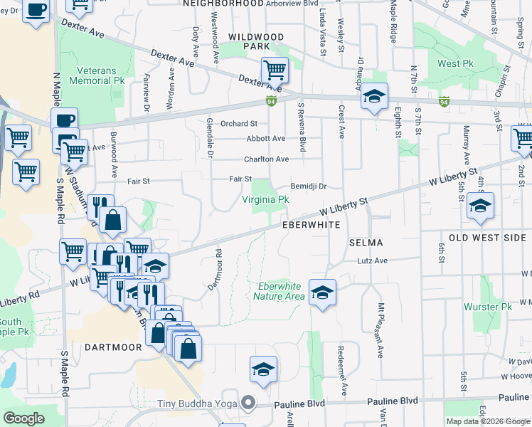 map of restaurants, bars, coffee shops, grocery stores, and more near 1540 Siller Terrace in Ann Arbor