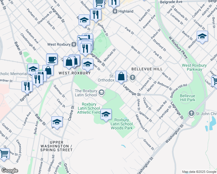 map of restaurants, bars, coffee shops, grocery stores, and more near 101 Saint Theresa Avenue in Boston