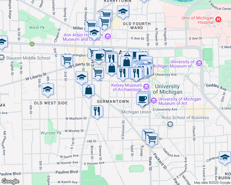 map of restaurants, bars, coffee shops, grocery stores, and more near 432 Hamilton Place in Ann Arbor