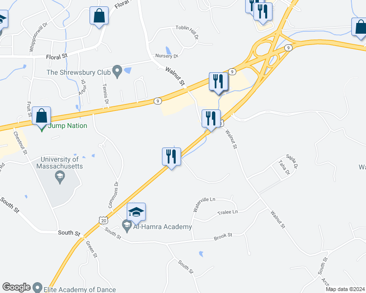 map of restaurants, bars, coffee shops, grocery stores, and more near 893 Hartford Turnpike in Shrewsbury
