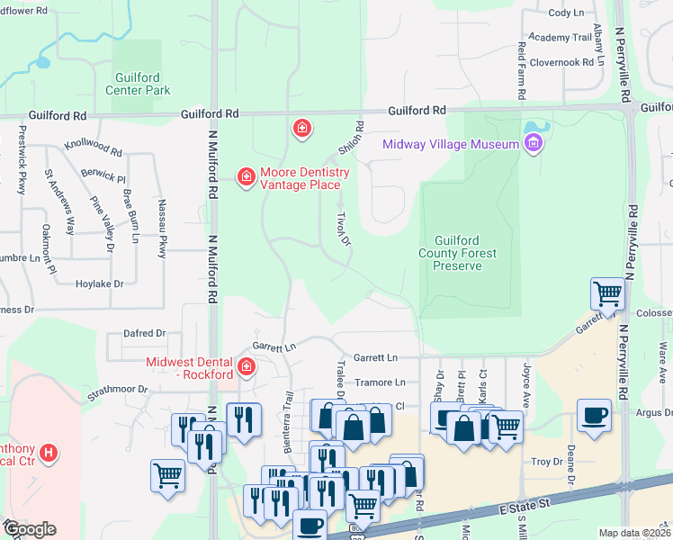 map of restaurants, bars, coffee shops, grocery stores, and more near 737 Tivoli Court in Rockford