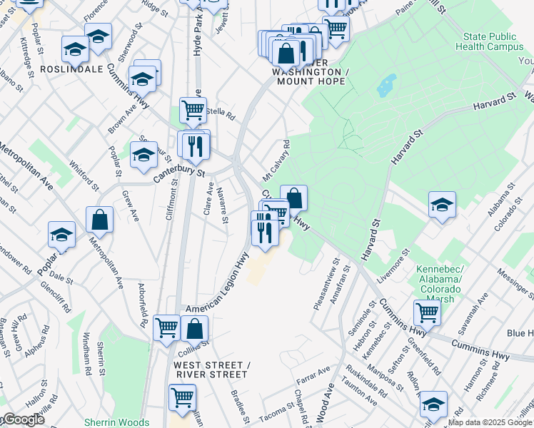 map of restaurants, bars, coffee shops, grocery stores, and more near 950 American Legion Highway in Boston