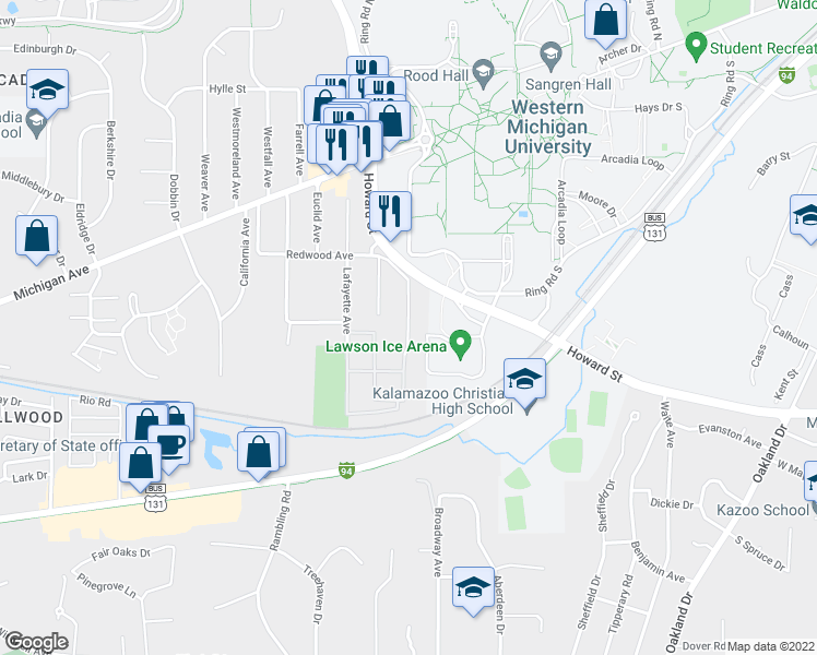 map of restaurants, bars, coffee shops, grocery stores, and more near Knollwood Avenue in Kalamazoo