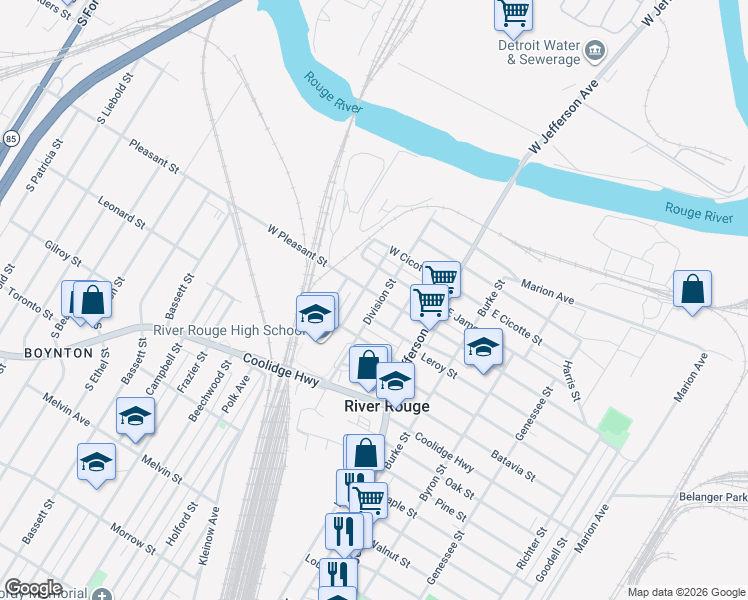 map of restaurants, bars, coffee shops, grocery stores, and more near 30 Myrtle Street in River Rouge