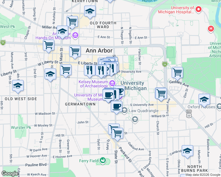 map of restaurants, bars, coffee shops, grocery stores, and more near 434 South State Street in Ann Arbor