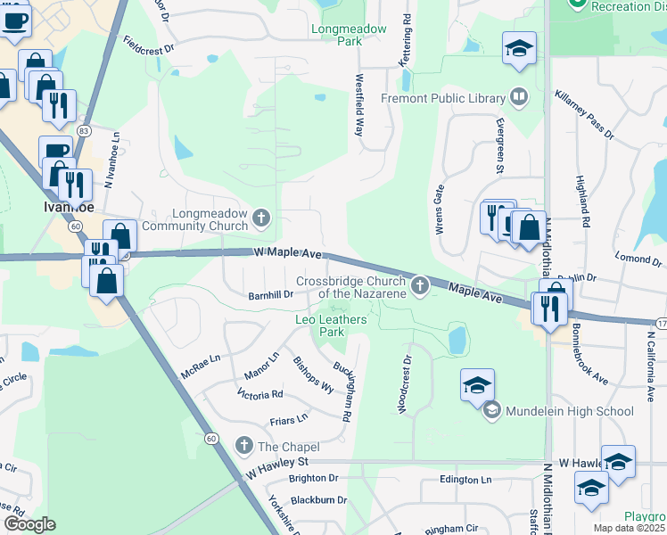 map of restaurants, bars, coffee shops, grocery stores, and more near 1691 Templeton Court in Mundelein