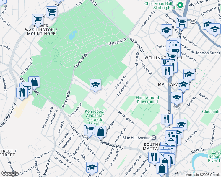 map of restaurants, bars, coffee shops, grocery stores, and more near 55 Monterey Avenue in Boston