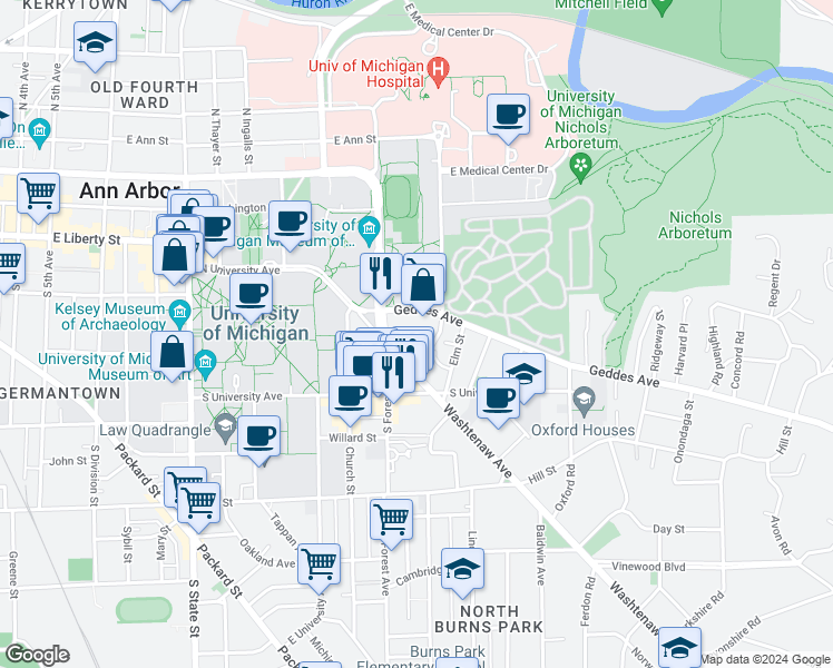 map of restaurants, bars, coffee shops, grocery stores, and more near 1327 Wilmot Street in Ann Arbor