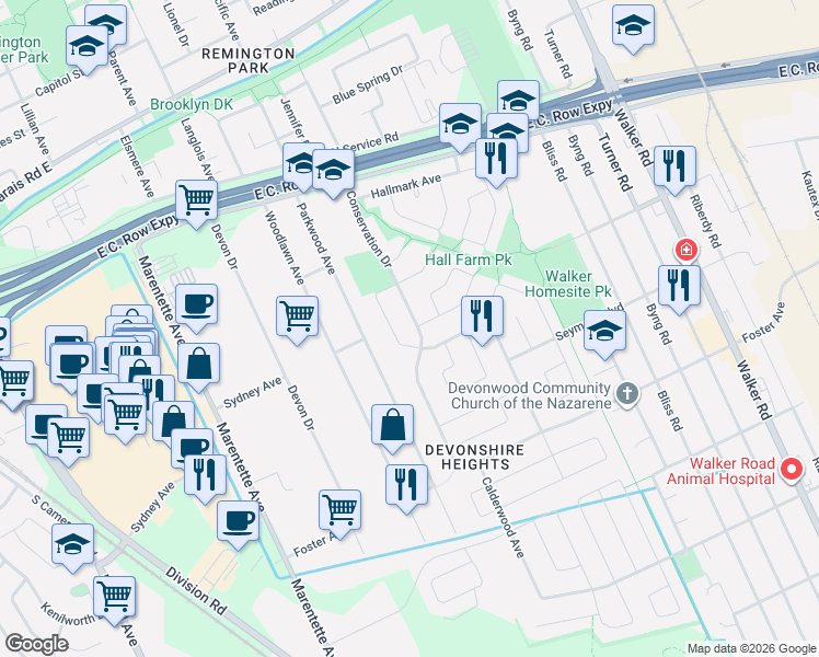 map of restaurants, bars, coffee shops, grocery stores, and more near 3153 Conservation Drive in Windsor