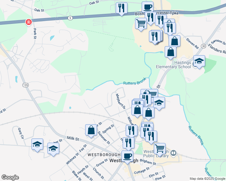 map of restaurants, bars, coffee shops, grocery stores, and more near 10 Mayberry Drive in Westborough