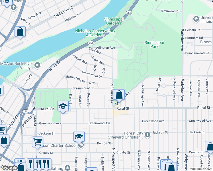 map of restaurants, bars, coffee shops, grocery stores, and more near 1646 Greenmount Street in Rockford