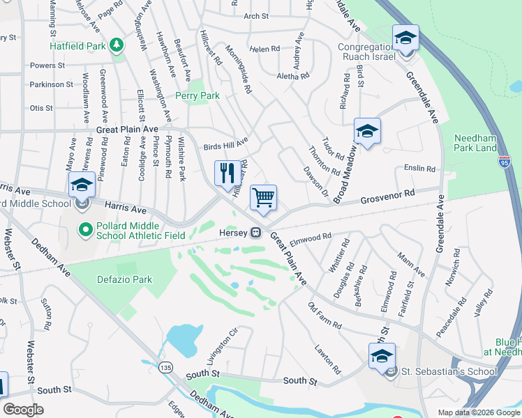 map of restaurants, bars, coffee shops, grocery stores, and more near 16 Evans Road in Needham